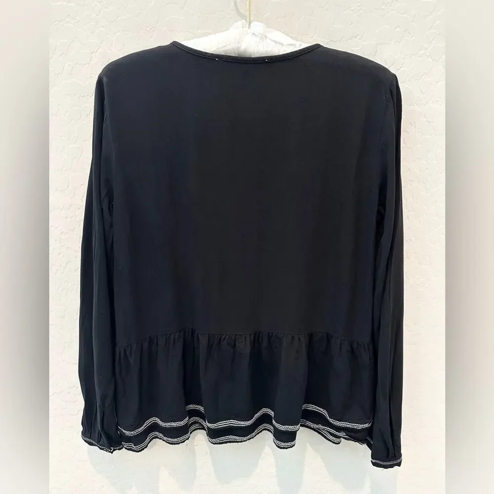 LOFT | Black Long Sleeve Peasant Top Boho Blouse Ruffle Hem Minimalist | XS